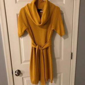 Mustard cowl neck dress with belt tie